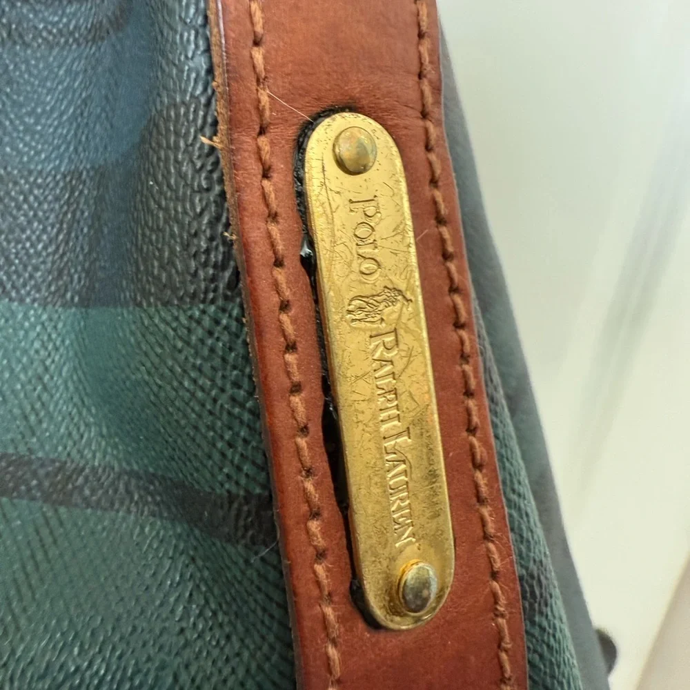 Vintage Polo RALPH LAUREN Green Tartan Plaid Leather Drawstring Bucket Bag 90s - Picture 5 of 16